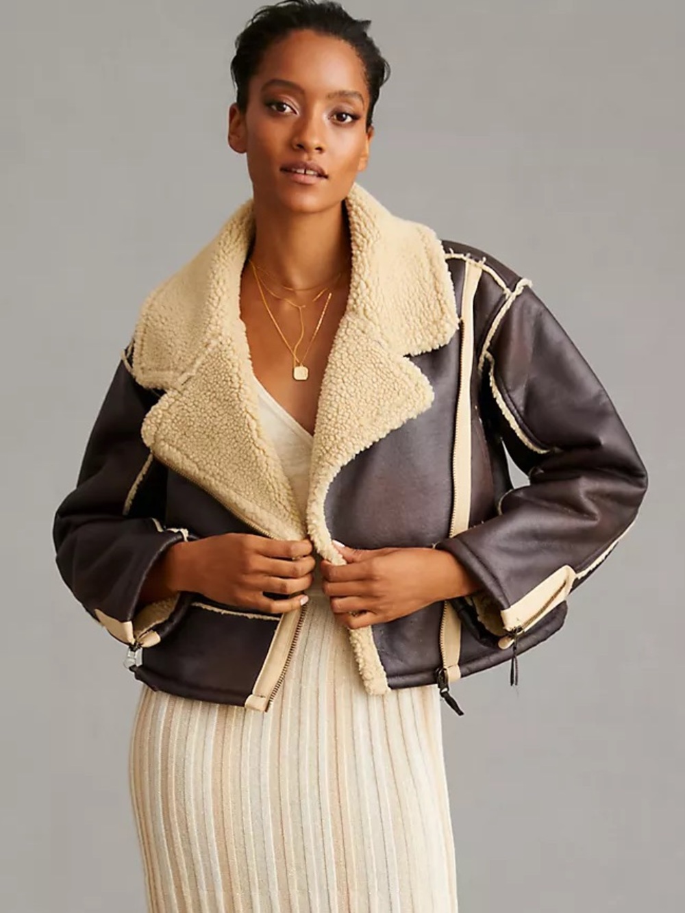 Anthropologie Pilcro Faux Leather Sherpa-Lined Jacket L Large Brown Cream Heavy